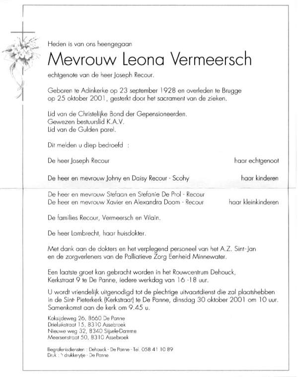 Overlijdensbrief Leona Vermeersch